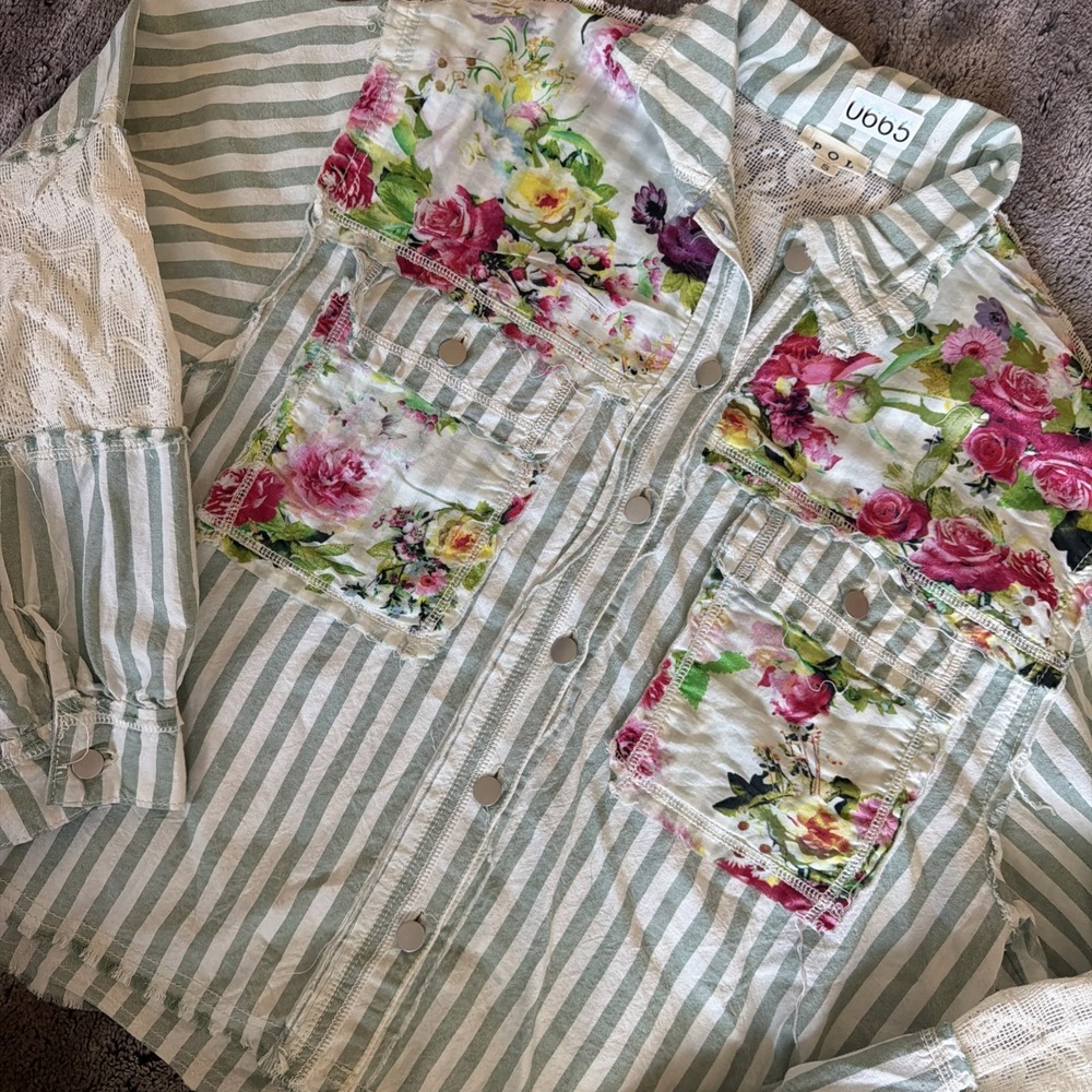 Pol Patchwork Lace Blue White Stripe Button Up Sh… - image 1